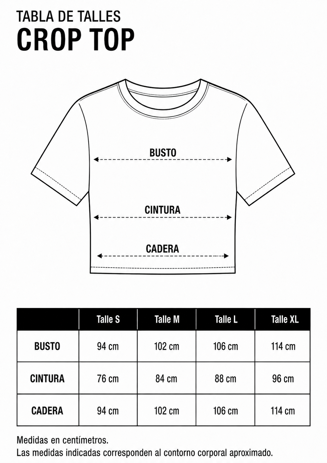 Tabla de talles de crop top Cr&aacute;neo Company con medidas de busto, cintura y cadera en talles S, M, L y XL.